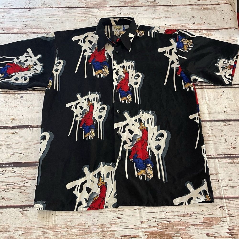 Vintage Y2K Up Ro's Button Up Shirt Short Sleeve Mens XL Graffiti Tagger Tagging